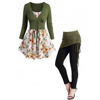 

Flower Print Lace Up Long Sleeve Two Piece Tops And Colorblock Cinched High Waisted Skirted Leggings Outfit, Multicolor