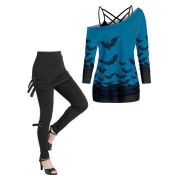 

Halloween Bat Print Skew Collar Lattice Long Sleeve Two Piece Tops And Buckle Strap Skinny Skirted Pants Outfit, Multicolor