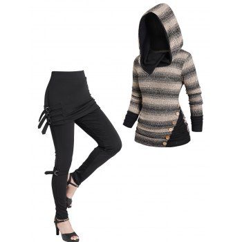 

Stripe Side Ruched Mock Button Knit Hooded Top And Buckle Strap Skinny Skirted Pants Outfit, Multicolor