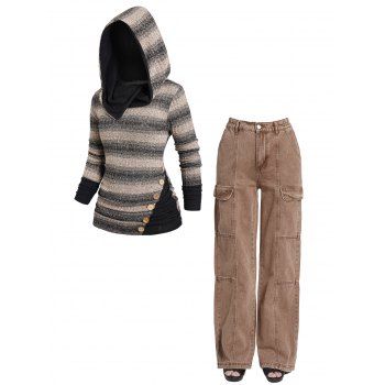 

Stripe Graphic Knit Hooded Side Ruched Mock Button Top And Faux Flap Pocket Loose Denim Jeans Outfit, Multicolor