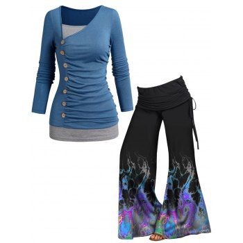 

Ruched Faux Twinset Mock Button Long Sleeve Top And Psychedelic Flame Print Cinched Foldover Wide Leg Pants Outfit, Multicolor