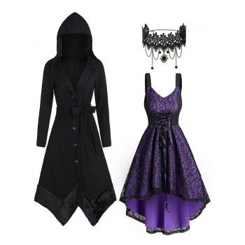 

Gothic Hooded Asymmetric Faux Fur Panel Coat And Lace Overlay Lace-up High Low Dress Tassel Choker Necklace Outfit, Multicolor