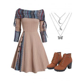 

Tribal Pattern Convertible Neck Cinched A Line Dress And Chunky Heel Faux Leather Lace Up Boots Layered Chain Necklace Outfit, Coffee