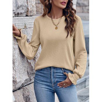 

Heathered Simple Knit Top Ruffle Cuff Long Sleeve Casual Top, Light yellow