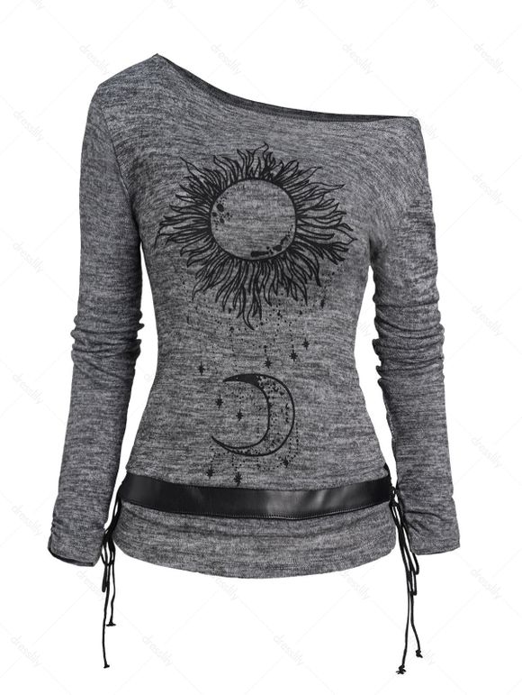 Haut Chiné Ceinturé en Tricot Motif de Lune et de Soleil à Manches Longues à Volants - Gris M | US 6