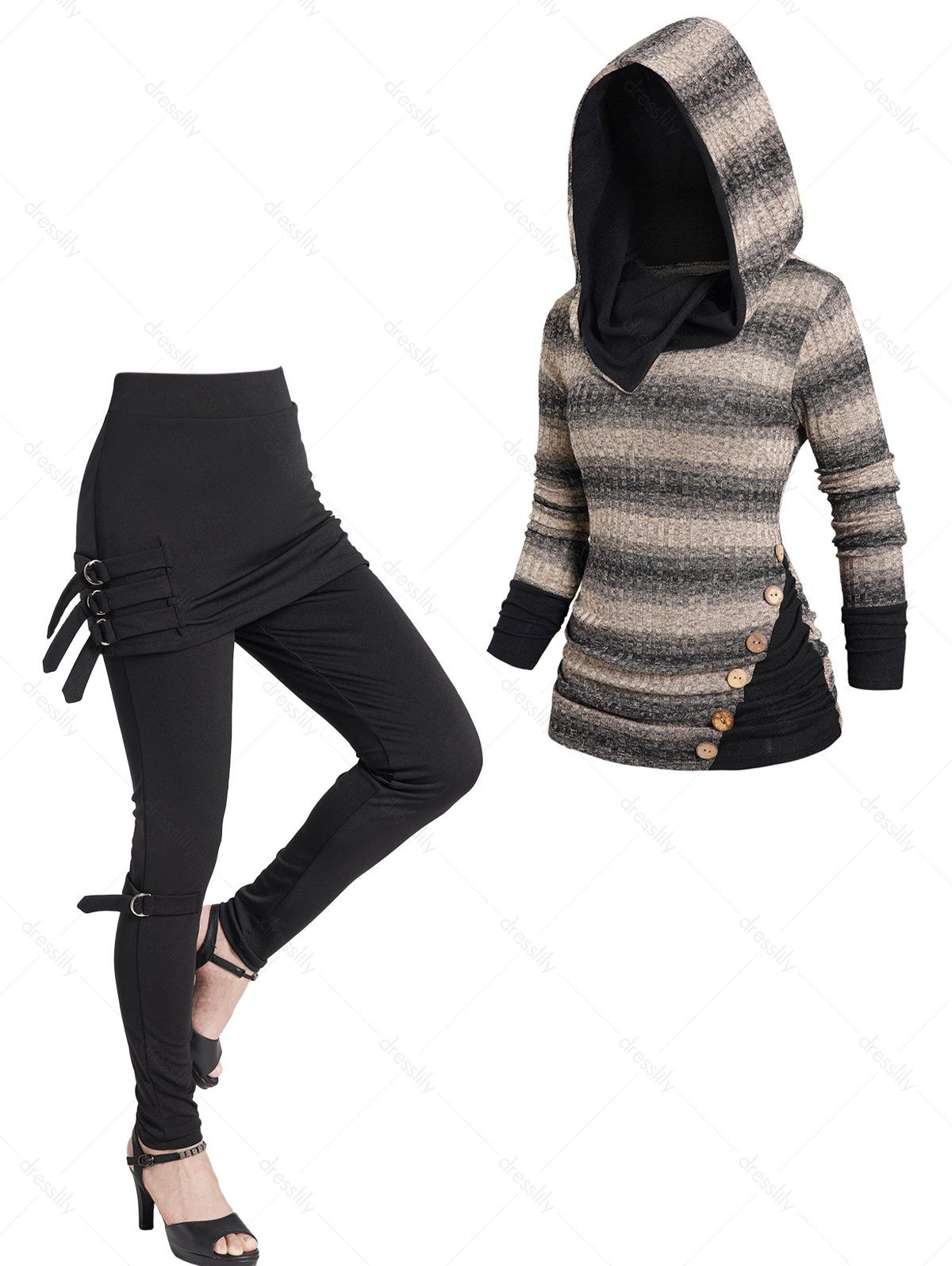Dresslily Stripe Side Ruched Mock Button Knit Hooded Top And Buckle Strap Skinny Skirted Pants Outfit S / us 4 Multicolor