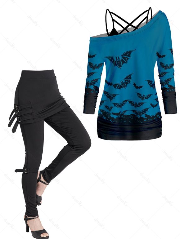 Haut D'Halloween Chauve-souris Imprimé à Bretelle Bouclée en Treillis à Manches Longues - multicolor S | US 4
