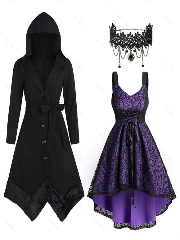 Manteau à Capuche Asymétrique Gothique Panneau en Fausse Fourrure à Lacets - multicolor S | US 4