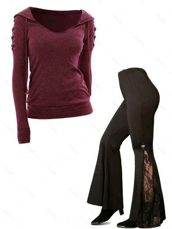 Haut à Capuche Floral Brodé Applique en Dentelle Insérée à Manches Evasées à Lacets - multicolor S | US 4
