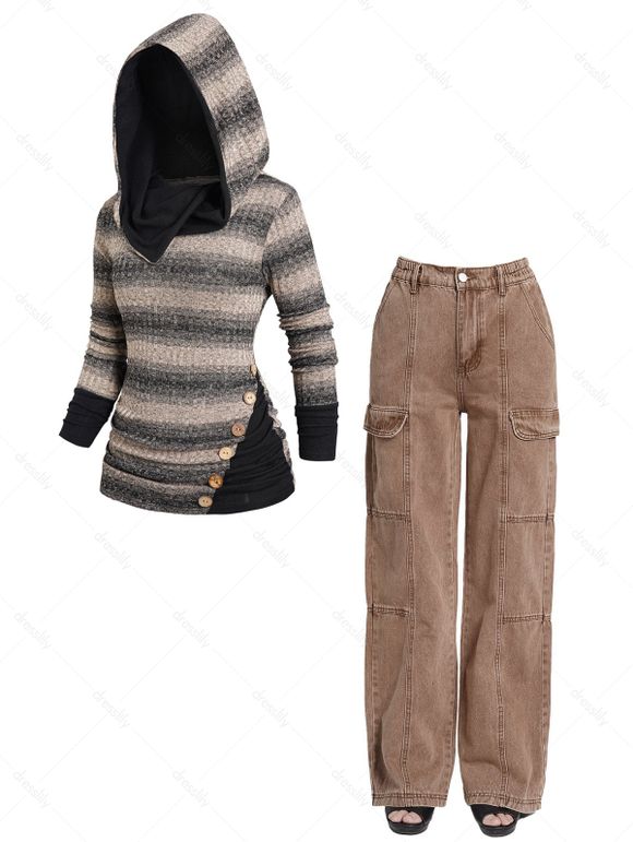 Haut à Capuche Lâche Brillant Rayé Boutonné avec Poche à Rabat en Faux Denim - multicolor S | US 4