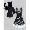 Robe Costume D'Halloween à Capuche Chauve-souris et Chauve-souris Imprimés en Laine - Noir S | US 4