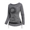 Haut Chiné Ceinturé en Tricot Motif de Lune et de Soleil à Manches Longues à Volants - Gris XXL | US 14