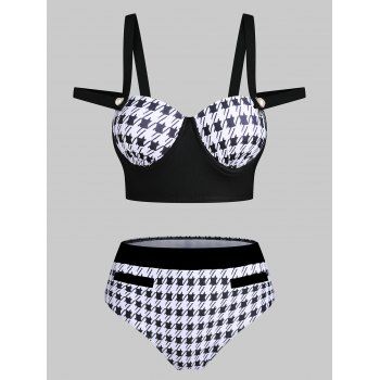 

Houndstooth Print Swimsuit Moulded High Rise Swimwear, Black