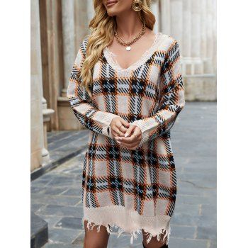 

Plaid Graphic Mini Sweater Dress Drop Shoulder Frayed Hem Sweater Dress, Light coffee