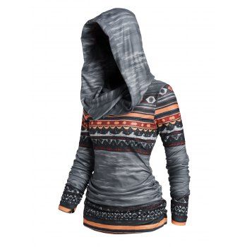 35 OFF 2024 Tribal Stripe Geometric Print Ruched Casual Hoodie In   1695939940484220715 