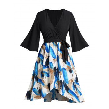 

Plus Size Water Color Print Belt Dress Flowy Half Sleeve Plunging Neck Surplice Dress, Blue