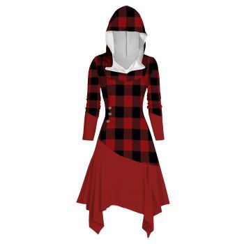 

Plaid Print Asymmetric Hooded Dress Ruched Mock Button Midi Dress With Hood, Deep red