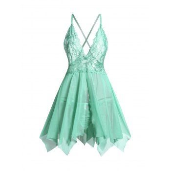 

Plus Size Floral Lace Sheer Mesh Asymmetric Crisscross Flyaway Babydoll And T-string Lingerie Set, Light green