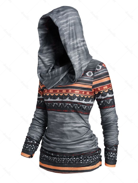 Sweat à Capuche Décontracté Tribal Géométrique Rayé Imprimé à Volants - Gris Foncé XXL | US 14
