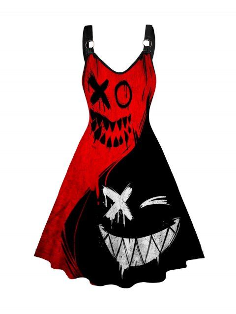 Gothic Colorblock Devil Smiling Print Dress V Neck O Ring A Line Dress