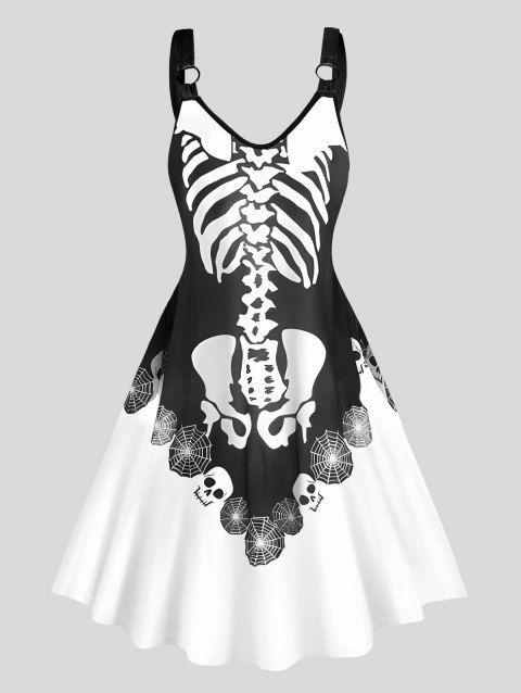 Robe D'Halloween Ligne A Crâne Toile D'Araignée Squelette Imprimés à Col V