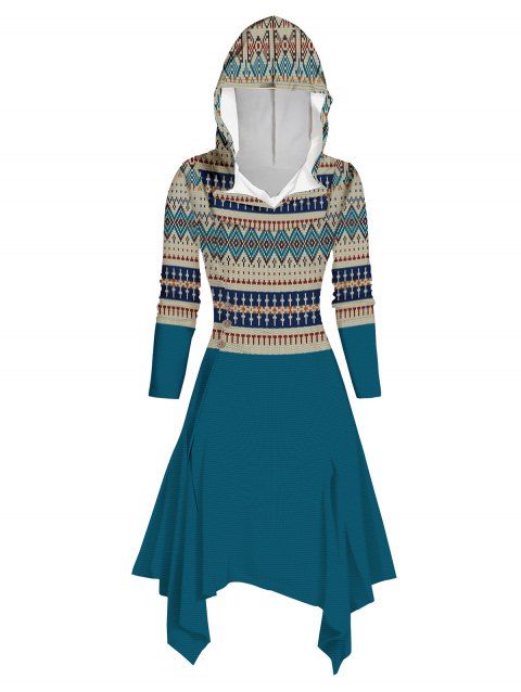 Tribal Geometric 3D Print Asymmetrical Hem Hooded Dress Ruched Mock Button Ethnic Midi Dress