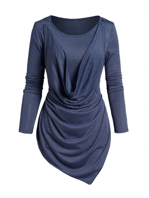 Cowl Neck Ruched Top Plain Color O Ring Asymmetrical Hem Casual Top