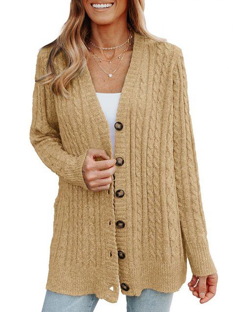 Cable Twist Knit Button Up Sweater Cardigan V Neck Solid Color Ribbed Hem Casual Cardigan