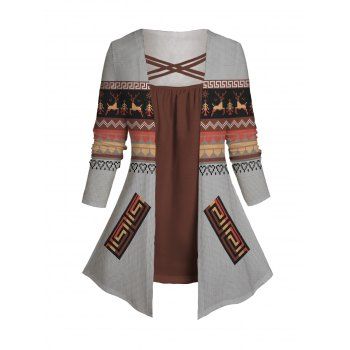 

Plus Size & Curve Colorblock Faux Twinset T-shirt Tribal Geometric Print Crisscross Long Sleeve Twofer T-shirt, Coffee