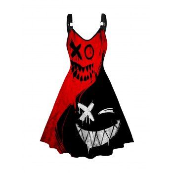 

Gothic Colorblock Devil Smiling Print Dress V Neck O Ring A Line Dress, Black