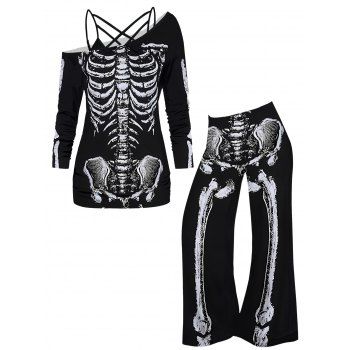 

Halloween Skeleton Print Skew Collar Long Sleeve Top And Long Wide Leg Pants Outfit, Black