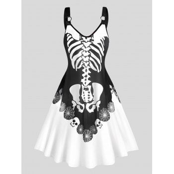 

Skeleton Skull Spider Web Print Halloween Dress O Ring V Neck A Line Dress, Black