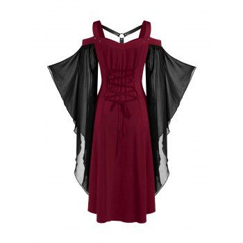 

Vintage Harness Flare Sleeve Cold Shoulder Chiffon Dress, Red wine