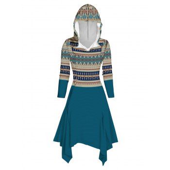 

Tribal Geometric 3D Print Asymmetrical Hem Hooded Dress Ruched Mock Button Ethnic Midi Dress, Blue