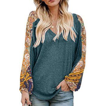 

Paisley Floral Patchwork Raglan Sleeve Top Curved Hem V Neck Casual Top, Deep green