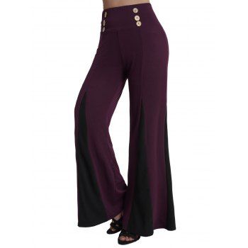 

Colorblock Panel Wide Leg Pants Mock Button Wide Elastic Waist Loose Godet Pants, Deep red