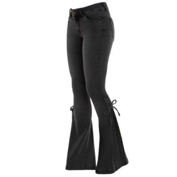 

Lace Up Flare Jeans Plain Color Pockets Demin Pants, Black