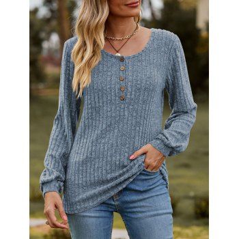 

Ribbed Textured Long Sleeve Mock Button Round Neck Heathered Top, Light blue