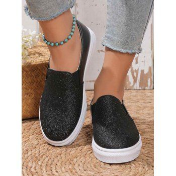 

Colorblock Sequined Round Toe Slip On Casual Flat Shoes, Black
