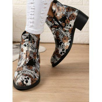 

Skull Flower Print Slip On Chunky Heels Ankle Boots, Multicolor a