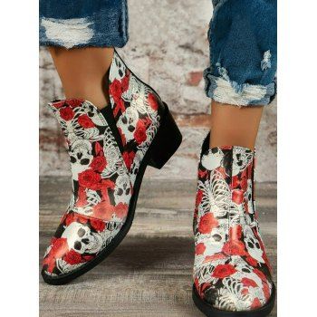 

Skull Flower Print Slip On Chunky Heels Ankle Boots, Red