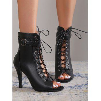 

Lace Up Fish Mouth Open Toe Thin High Heels Sandals, Black