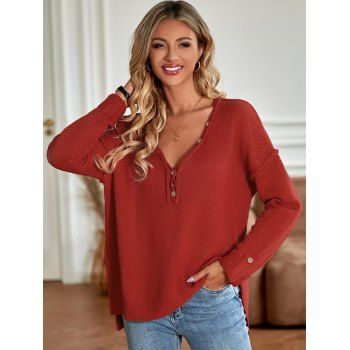 

Half Button Sweater Plain Color Side Slit V Neck Reversed Casual Sweater, Dark orange