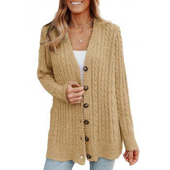 

Cable Twist Knit Button Up Sweater Cardigan V Neck Solid Color Ribbed Hem Casual Cardigan, Light coffee