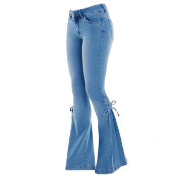 

Lace Up Flare Jeans Plain Color Pockets Demin Pants, Light blue
