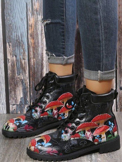Mushroom Plant Print PU Lace Up Ankle Boots - Noir EU 43