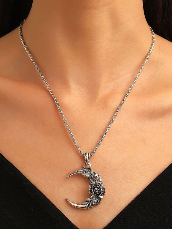 Collier Chaîne Pendant Gothique Fleur Lune en Alliage - Argent 