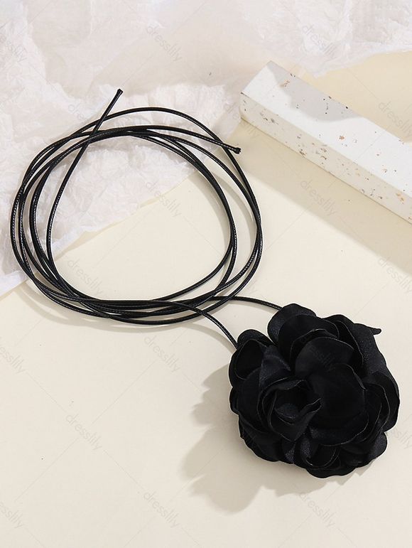 Collier Ras du Cou Gothique Superposé Fleur en Faux Cuir - Noir 