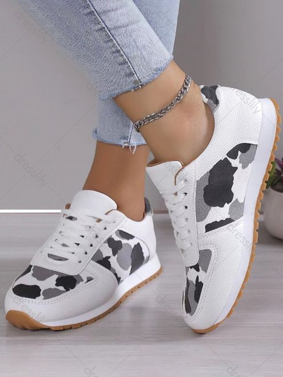 Animal Print Lace Up PU Casual Sport Shoes - Blanc EU 43