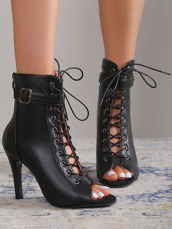 Lace Up Fish Mouth Open Toe Thin High Heels Sandals - Noir EU 43